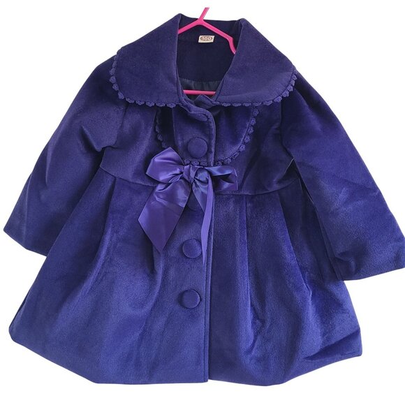 unbranded Other - Girls Velvet Coat Royal Blue Size 3T / 4T Bow & Pom Pom Trim Elegant Winter
